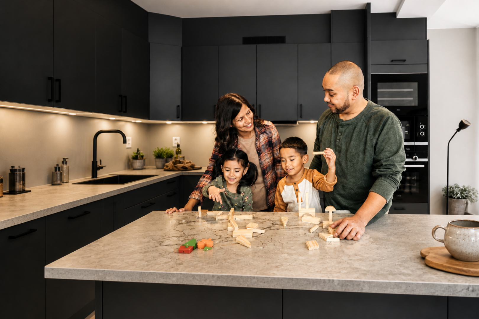 Família reunida em cozinha planejada